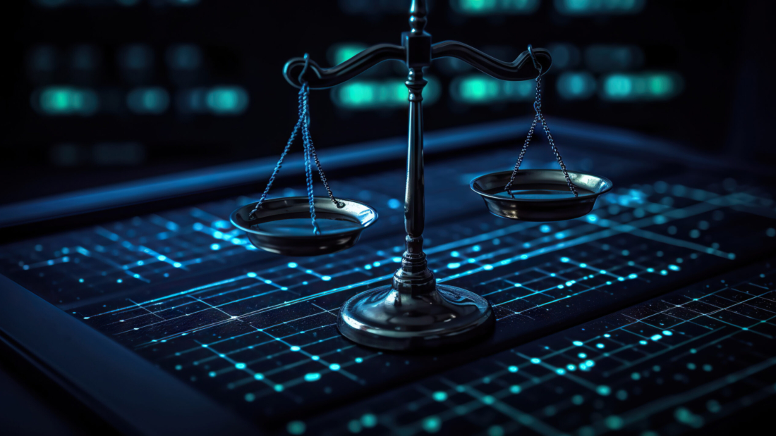 Law scales on background of data center. Digital law concept of duality of Judiciary, Jurisprudence and Justice and data in the modern world. Copy space. Based on Generative AI